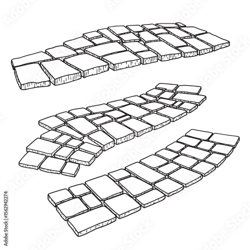 Hand drawn stone ornament set illustrations of various cobblestone pathways in black and white ideal for design elements