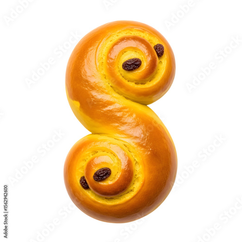 A Golden Swedish Lussekatt a Traditional S-Shaped Saffron Bun for St Lucia's Day on isolated transparent background