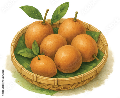 Thai Sapodilla in Bamboo Basket – Watercolor 