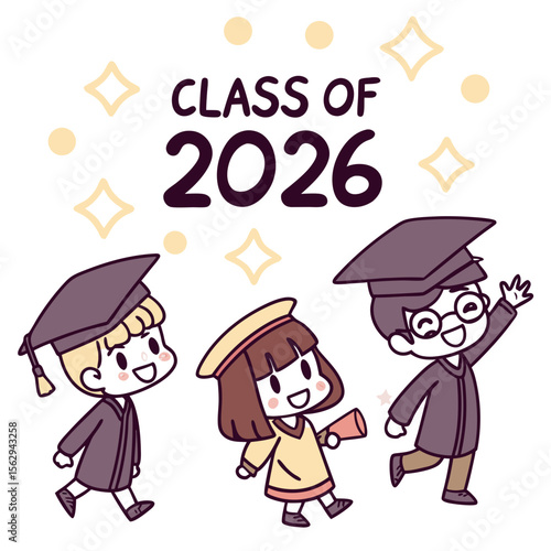 Three happy chibi students celebrating graduation caps gowns