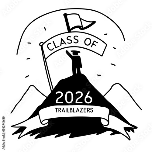 Graduate reaching mountain peak with flag graduation achievement