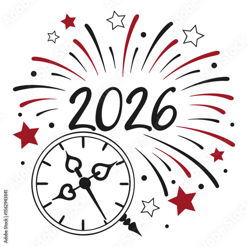 Festive clock celebrating new year with stars and fireworks celebration midnight