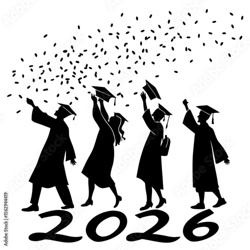 Black silhouettes of graduates celebrating with confetti graduation celebration