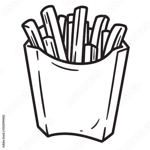 Black and white illustration of a carton of french fries fast food snack