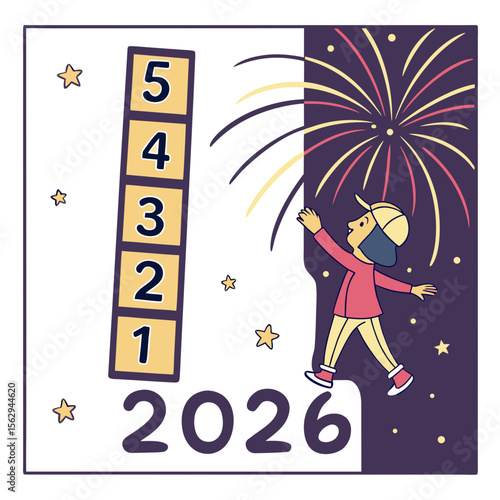Festive countdown with child watching fireworks and year twenty six celebration new year