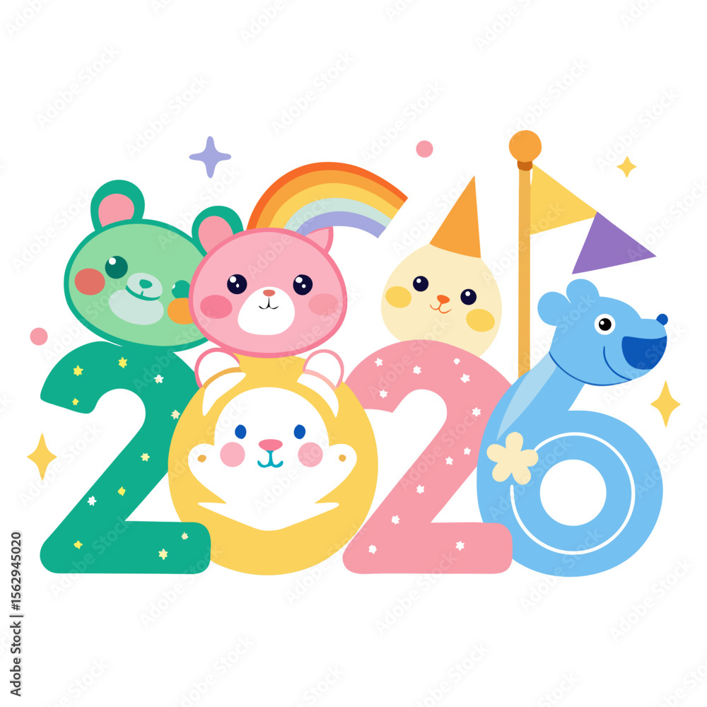 Naklejka premium Cute illustrated animals forming numbers with rainbow and flags cute animals cartoon