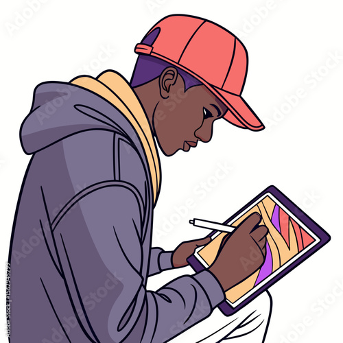 Young artist drawing digital art on tablet with stylus digital artist