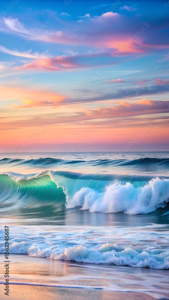 Fototapeta premium A beautiful ocean sunset with colorful clouds paints the sky above rolling turquoise waves crashing on a sandy beach