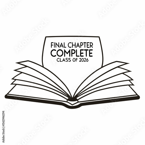 Open book with graduation text class of 2026 final chapter
