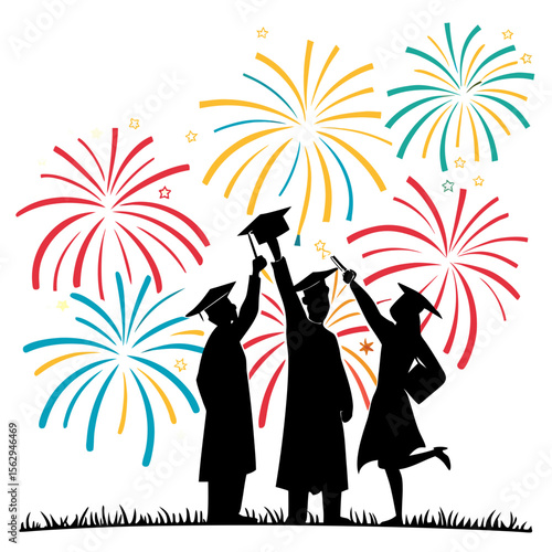 Graduation celebration with colorful fireworks graduates caps