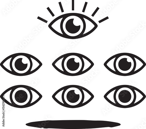 Graphic Collection of Eyes Representing Vision Perception and Observation with Varying Shapes and Styles Displayed in an Organized Arrangement