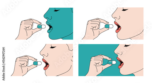 Process of Taking Pill Tablet Medication Supplement Vitamin by Hand into Mouth
