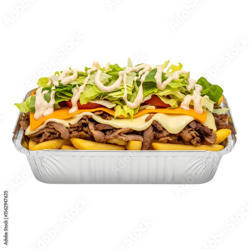 A Dutch Kapsalon Takeaway Dish with Layers of Fries Shawarma Cheese and Salad on isolated transparent background