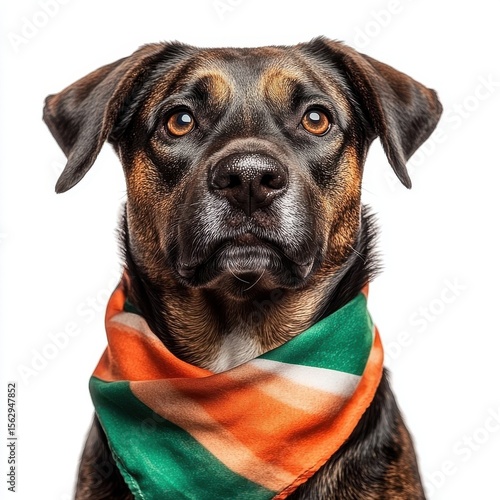 Dog wearing an Indian flag bandana, isolate on white background.