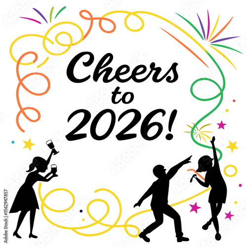 Cheers to the new year celebration with dancing figures and colorful decorations