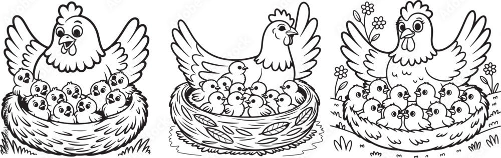 Fototapeta premium three charming cartoon hen and chick families in nests with flowers isolated on transparent background silhouette