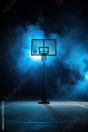 Illuminated Basketball Hoop in Foggy Atmosphere Empty Court Dramatic Lighting Dark Setting
