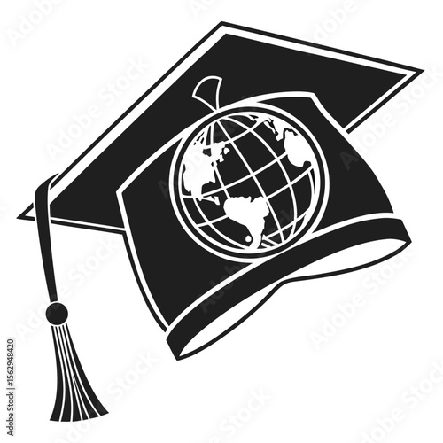 Black graduation cap with globe symbolizing global education academic international