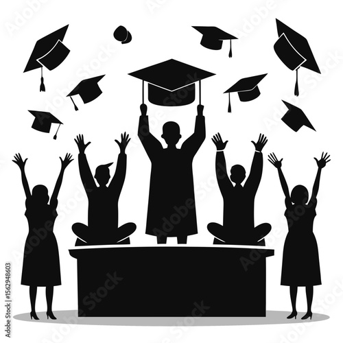Graduation ceremony students tossing caps celebrating achievement vector