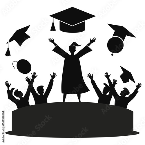 Black silhouettes of graduates celebrating with caps tossed in air graduation ceremony