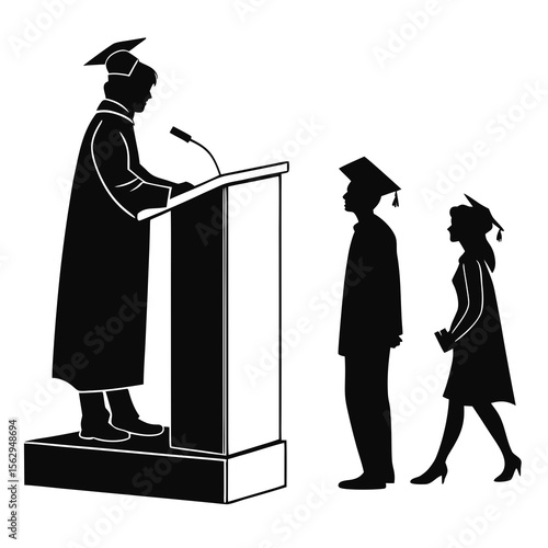 Graduation ceremony silhouettes with speaker and graduates podium