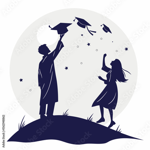 Graduates tossing caps under a large moon graduation night