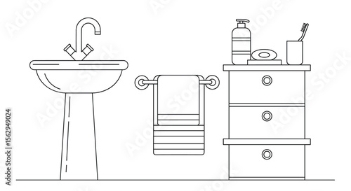 A Simple Bathroom Scene with Sink Cabinet And Shower and Hygiene Products and Towels
