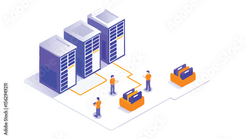 Isometric view of server room with people and data storage units connected by yellow lines