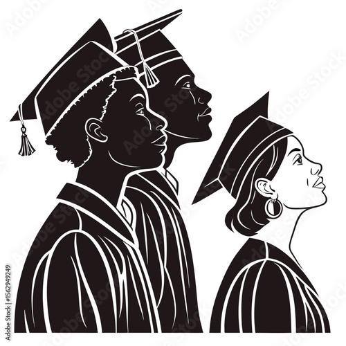 Diverse graduates wearing caps and gowns looking up graduation students