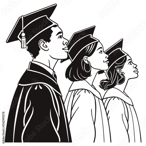 Diverse graduates in black silhouette looking up graduation caps