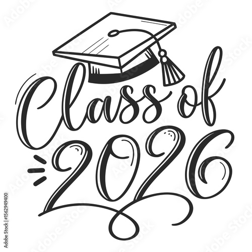 Hand drawn black ink design class of twenty six with graduation cap class of 2026
