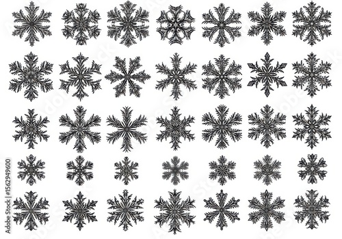 A variety of intricate snowflake designs are displayed isolated on white background, creating a wintery and festive atmosphere
