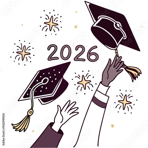Graduation caps tossed with sparkling stars and year throwing sparkles