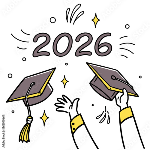 Graduation caps tossed with sparkles and year 2026 celebration