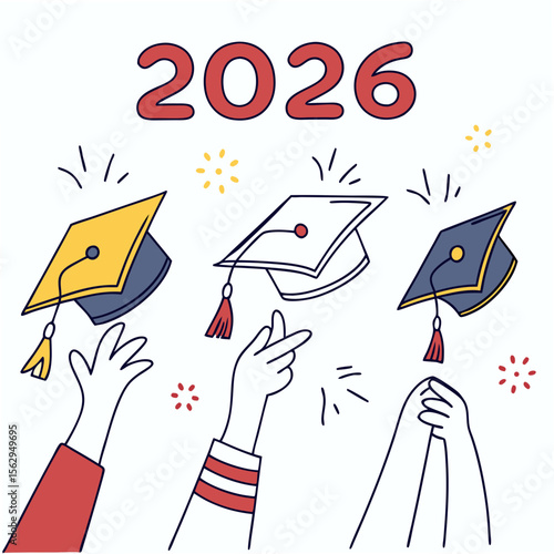 Graduation caps tossed with sparkles and year tossing 2026