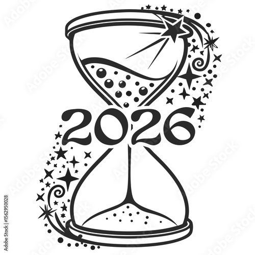 Hourglass with flowing stars and bubbles marking the new year time celebration