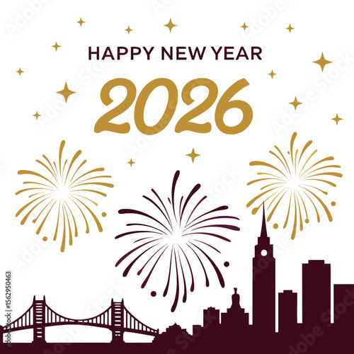 Cityscape fireworks celebration golden and purple hues new year skyline
