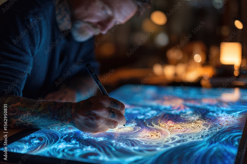 Obraz premium portrait of digital artist working on fractal display tablet ambient light emphasizing screen geometry