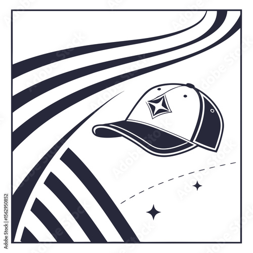 Dynamic dark shapes framing baseball cap with star emblem headwear fashion