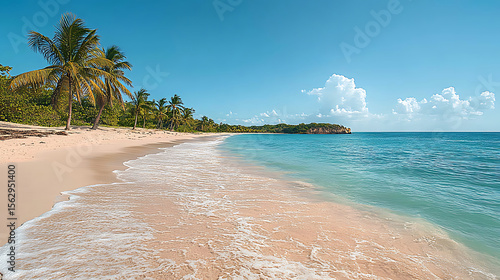 Fototapeta Naklejka Na Ścianę i Meble -  Pristine tropical beach with turquoise water and palm trees offering a serene caribbean escape