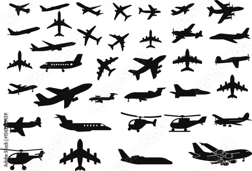 Set of airplane,Airplane icon logo set vector,Vector isolated plane icon silhouette. Pictogram vector or plane flying silhouette shape graphic simple plain clipart symbol. Black white background