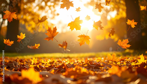 A serene autumn scene with falling leaves illuminated by sunlight.