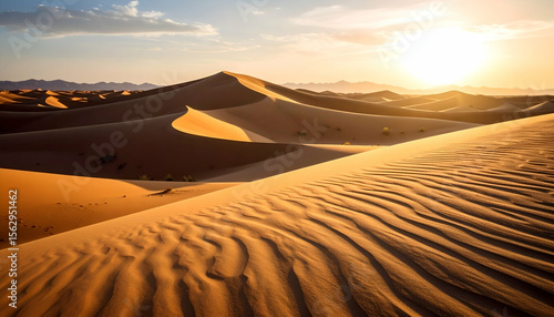 A serene desert landscape at sunset, showcasing rolling sand dunes and soft light.