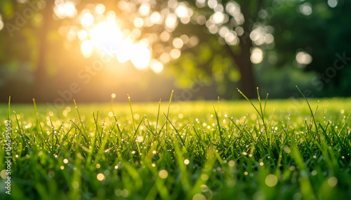 A sunlit grassy field with dew drops, evoking tranquility and nature's beauty.