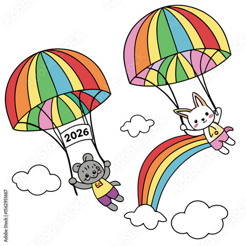 Cartoon animals parachuting with rainbow and clouds parachutes