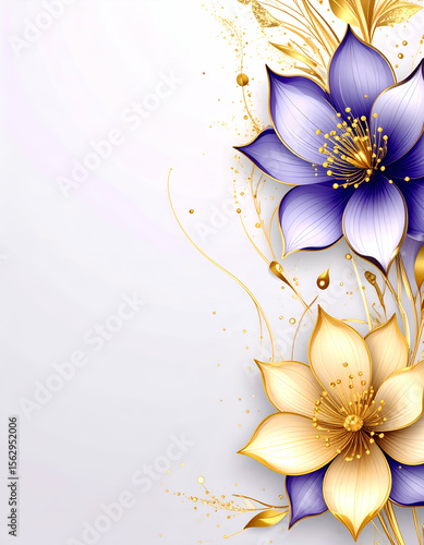 Elegant floral design featuring purple and gold flowers on a soft background.