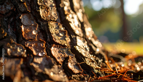 Close-up of a tree trunk with water droplets and pine needles in a natural setting.