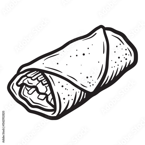 Illustrated black and white burrito depicting mexican cuisine or restaurant menu design