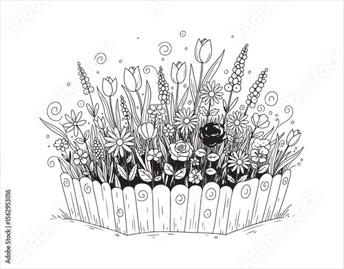 a flowerbed illustrated in a doodle style, featuring hand-drawn flowers

