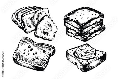 Toasted Bread Vector Engraving Set. Detailed Monochrome Breakfast Illustrations. Vintage Stipple & Hatching Style Icons & Symbols